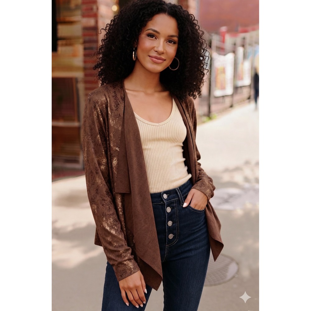 ANDTHEWHY Metallic Gold Snake Faux Suede Draped Cardigan Jacket NWT M Open Front